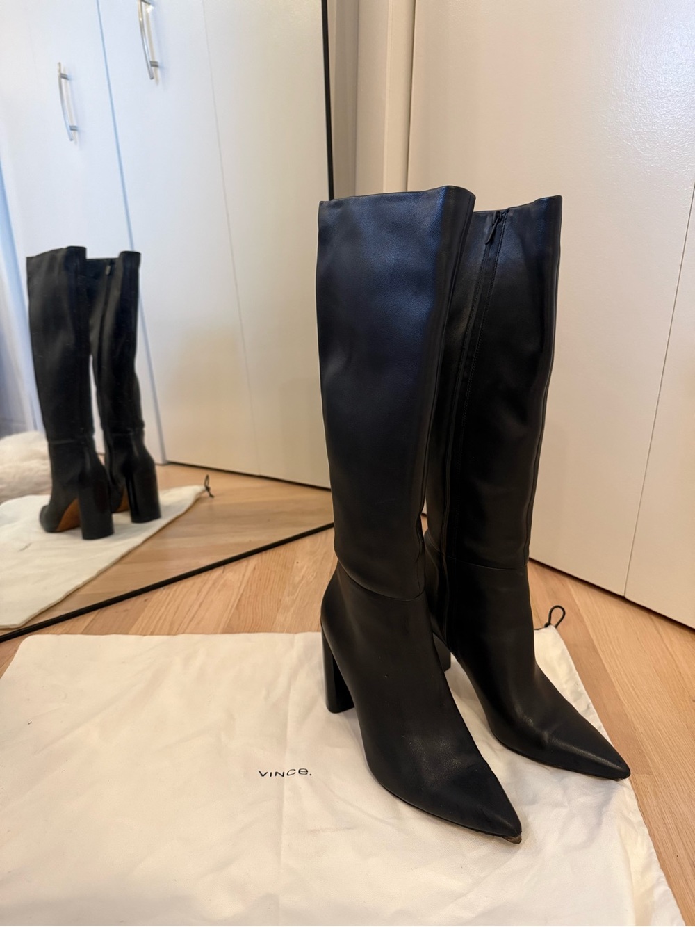 Vince Black Pointed-Toe Knee-High Leather Boots WIDE CALF